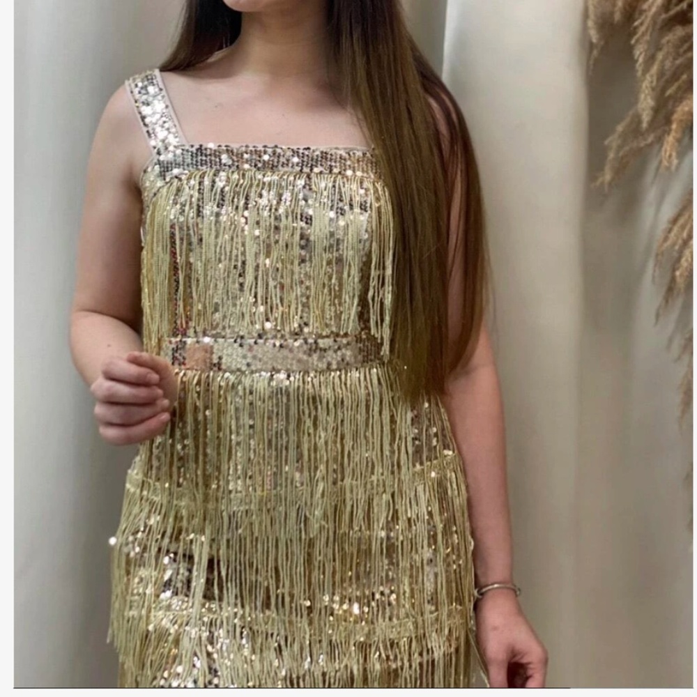 Gold Sequined Tassel Mini Short Dress Fringe Party - Picture 12 of 16